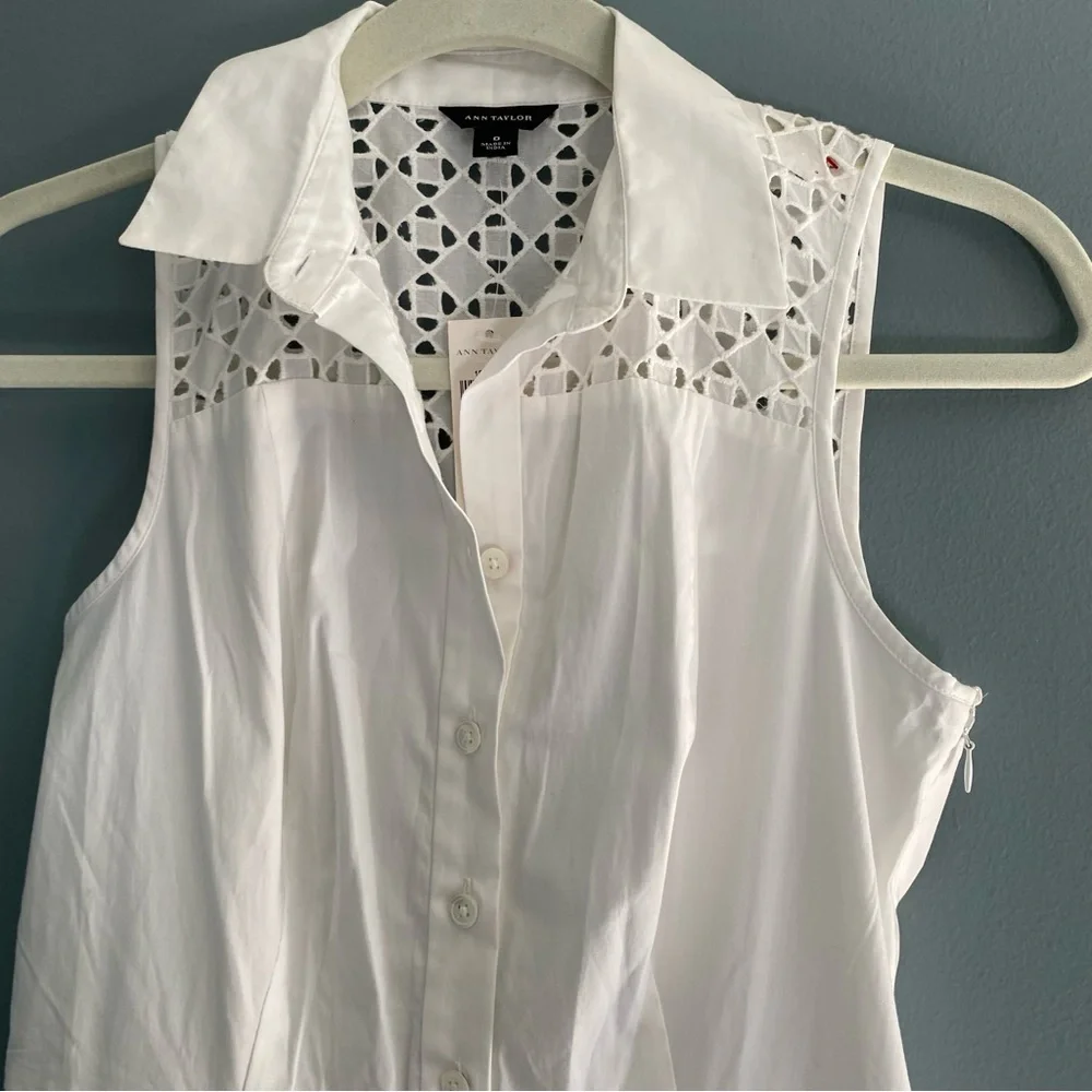 Ann Taylor White Eyelet Shirt Dress Sleeveless Button Down Sz 0 - Picture 4 of 11